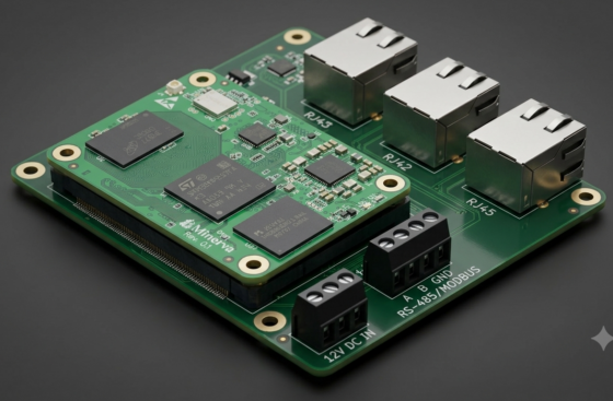 MINERVA di COGITO montato su carrier board industriale con tre porte Ethernet segregate, alimentazione 12V e uscita RS-485/Modbus